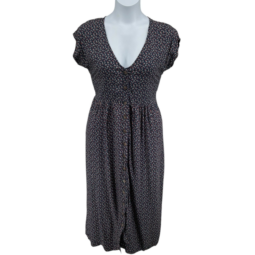 Madewell Floral Button Front Midi Dress Pockets Fit Flare Size L